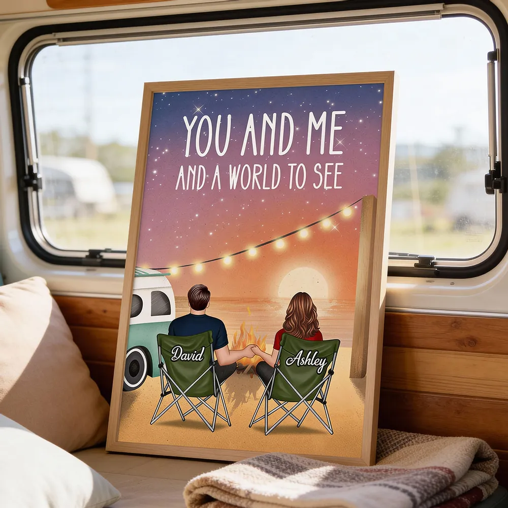 Romantic Personalized Poster of a Couple Holding Hands by a Beach Campfire, Starry Sunset Wall Art, Unique Gift for Couples - Image 2