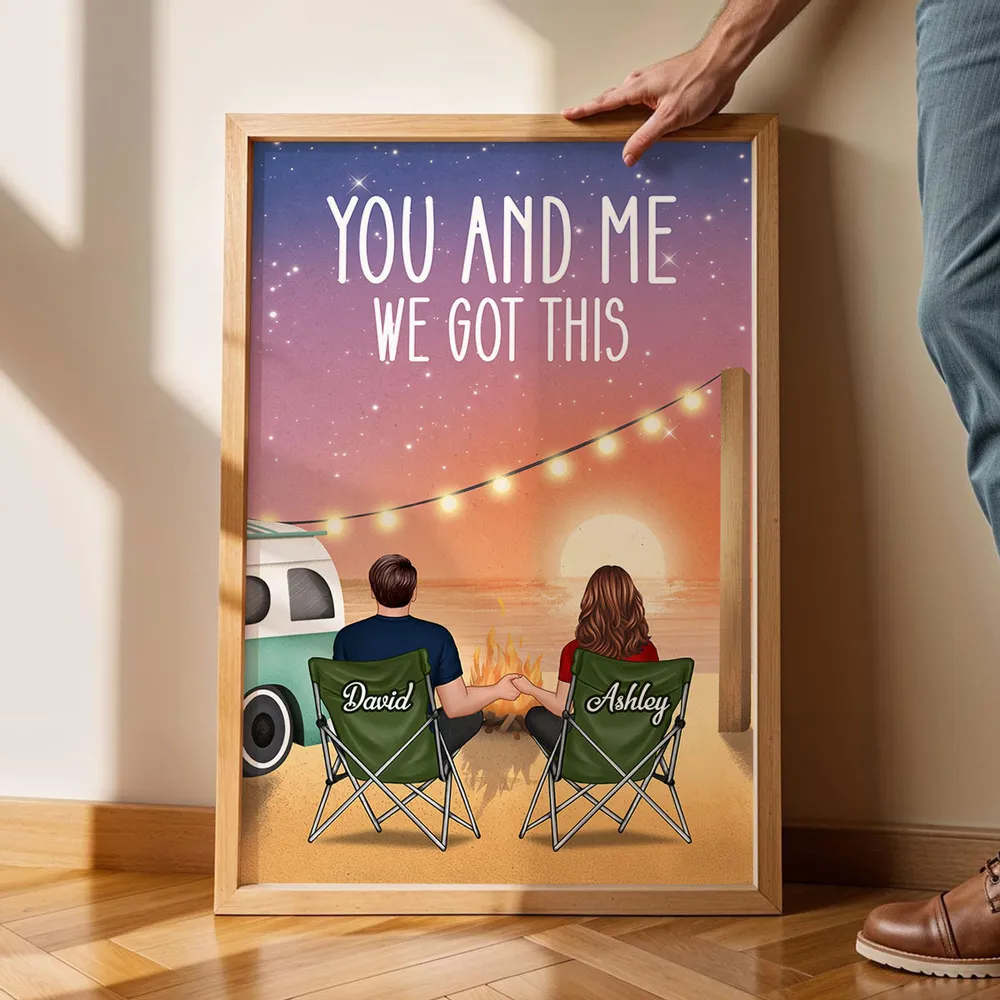 Romantic Personalized Poster of a Couple Holding Hands by a Beach Campfire, Starry Sunset Wall Art, Unique Gift for Couples - Image 4