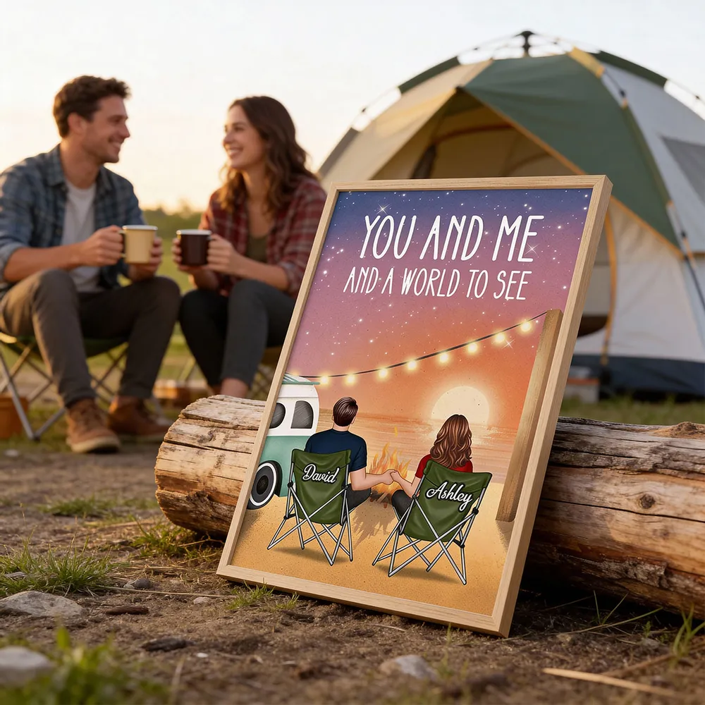 Romantic Personalized Poster of a Couple Holding Hands by a Beach Campfire, Starry Sunset Wall Art, Unique Gift for Couples - Image 5