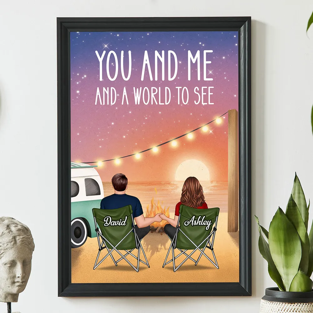 Romantic Personalized Poster of a Couple Holding Hands by a Beach Campfire, Starry Sunset Wall Art, Unique Gift for Couples - Image 6