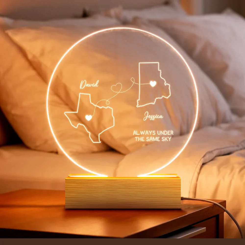 Personalized Long Distance Map LED Light Plaque, Always Under The Same Sky, Unique Couple Gift for Cozy Ambient Decor