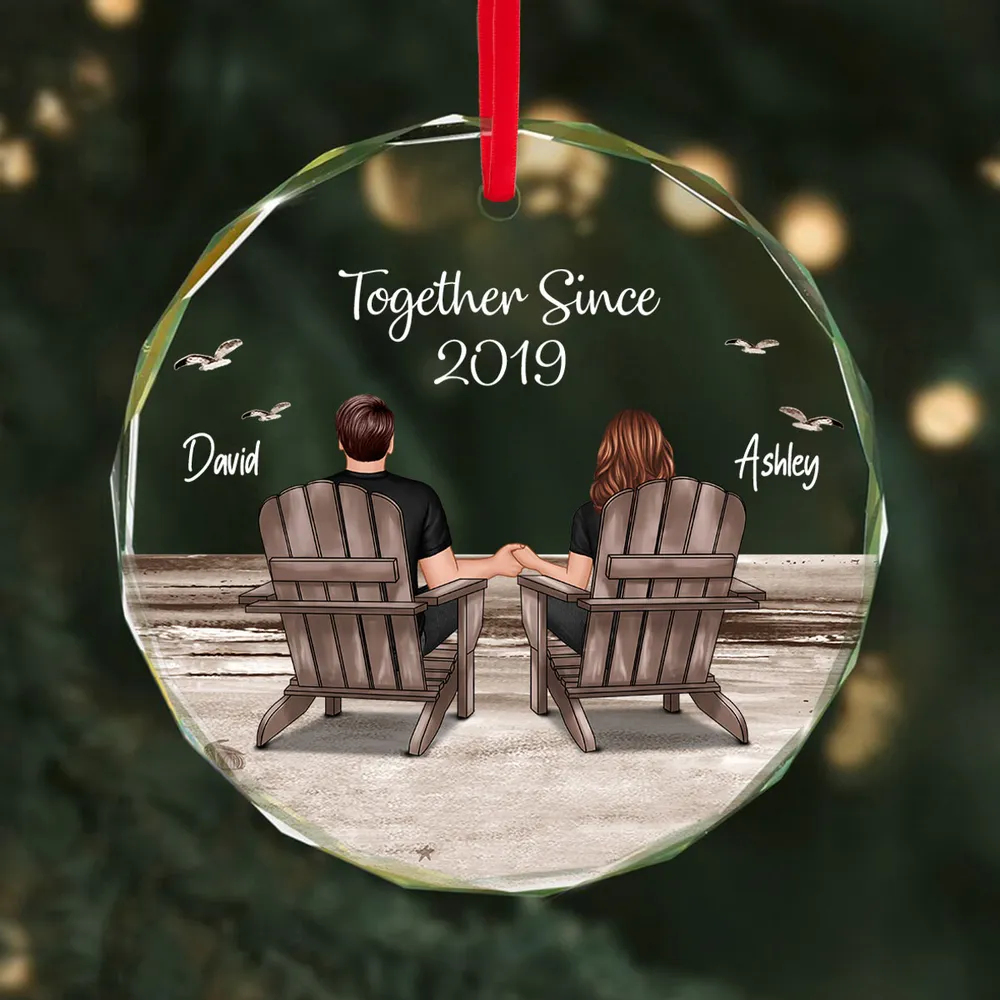 Crystal Ornament Personalized for Couples, Sitting Together at a Sunset Beach Scene, Romantic Keepsake Gift for Her