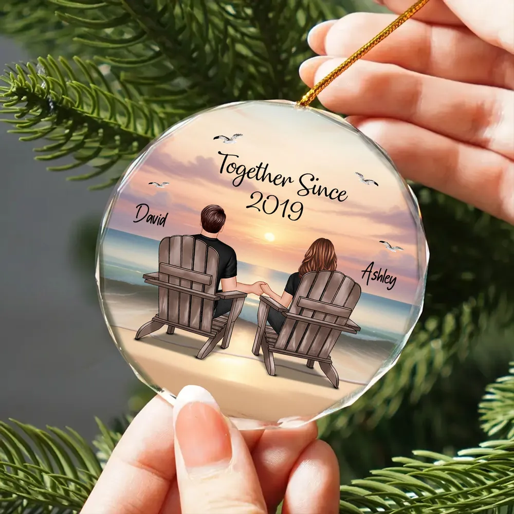 Crystal Ornament Personalized for Couples, Sitting Together at a Sunset Beach Scene, Romantic Keepsake Gift for Her - Image 3