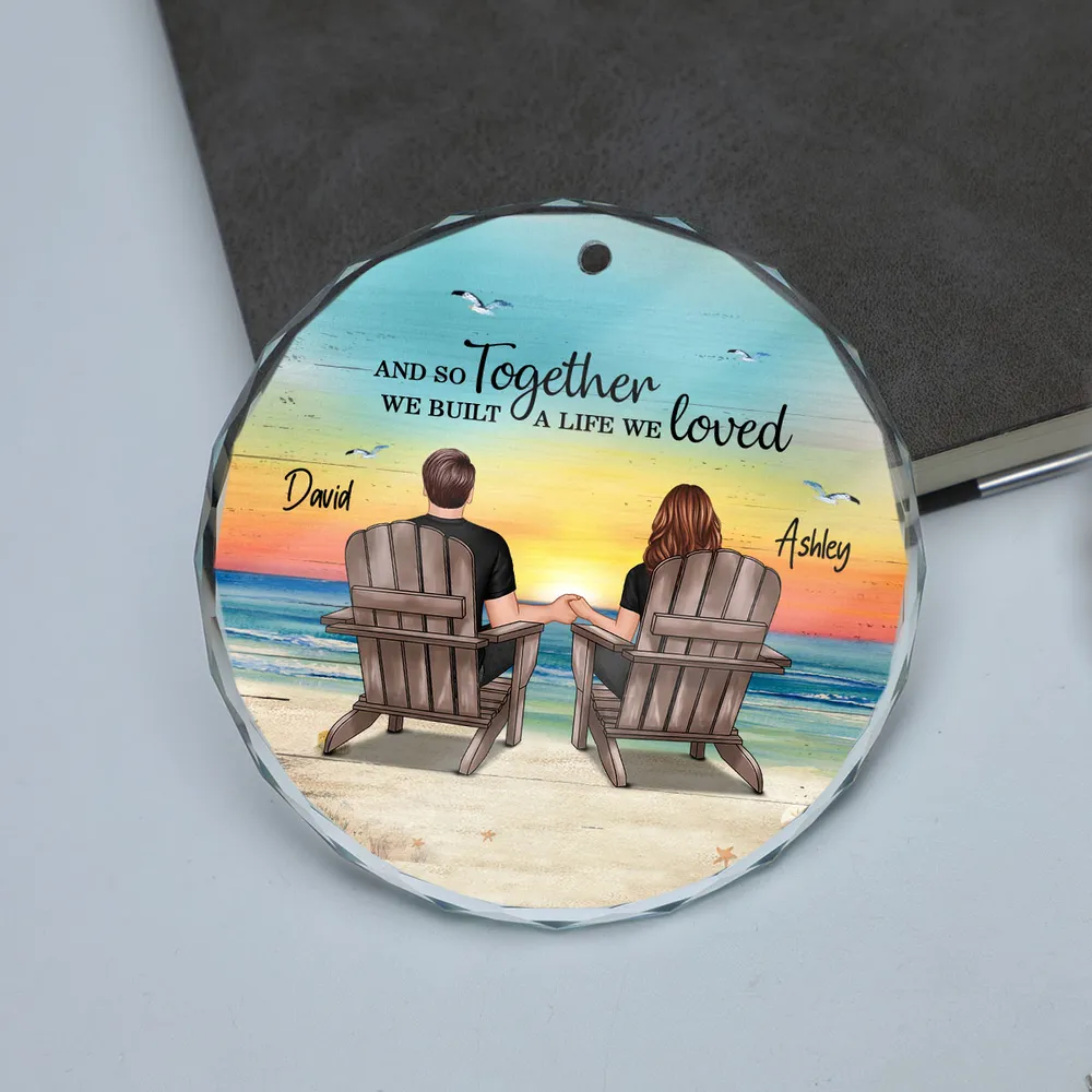 Crystal Ornament Personalized for Couples, Sitting Together at a Sunset Beach Scene, Romantic Keepsake Gift for Her - Image 5