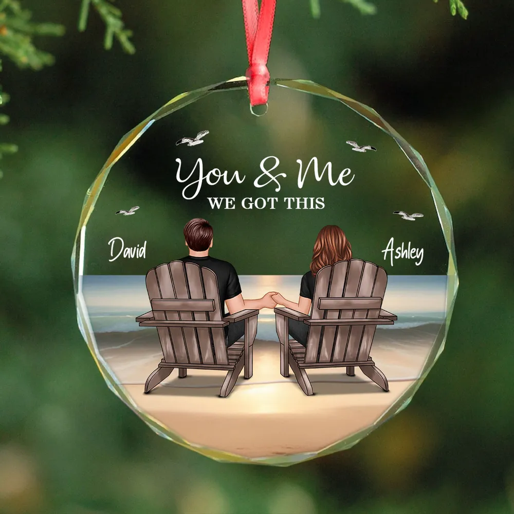 Crystal Ornament Personalized for Couples, Sitting Together at a Sunset Beach Scene, Romantic Keepsake Gift for Her - Image 6