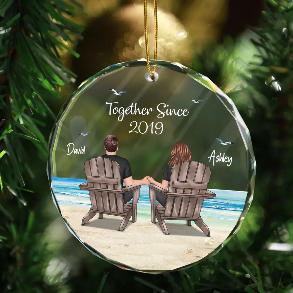 Crystal Ornament Personalized for Couples, Sitting Together at a Sunset Beach Scene, Romantic Keepsake Gift for Her - Image 7