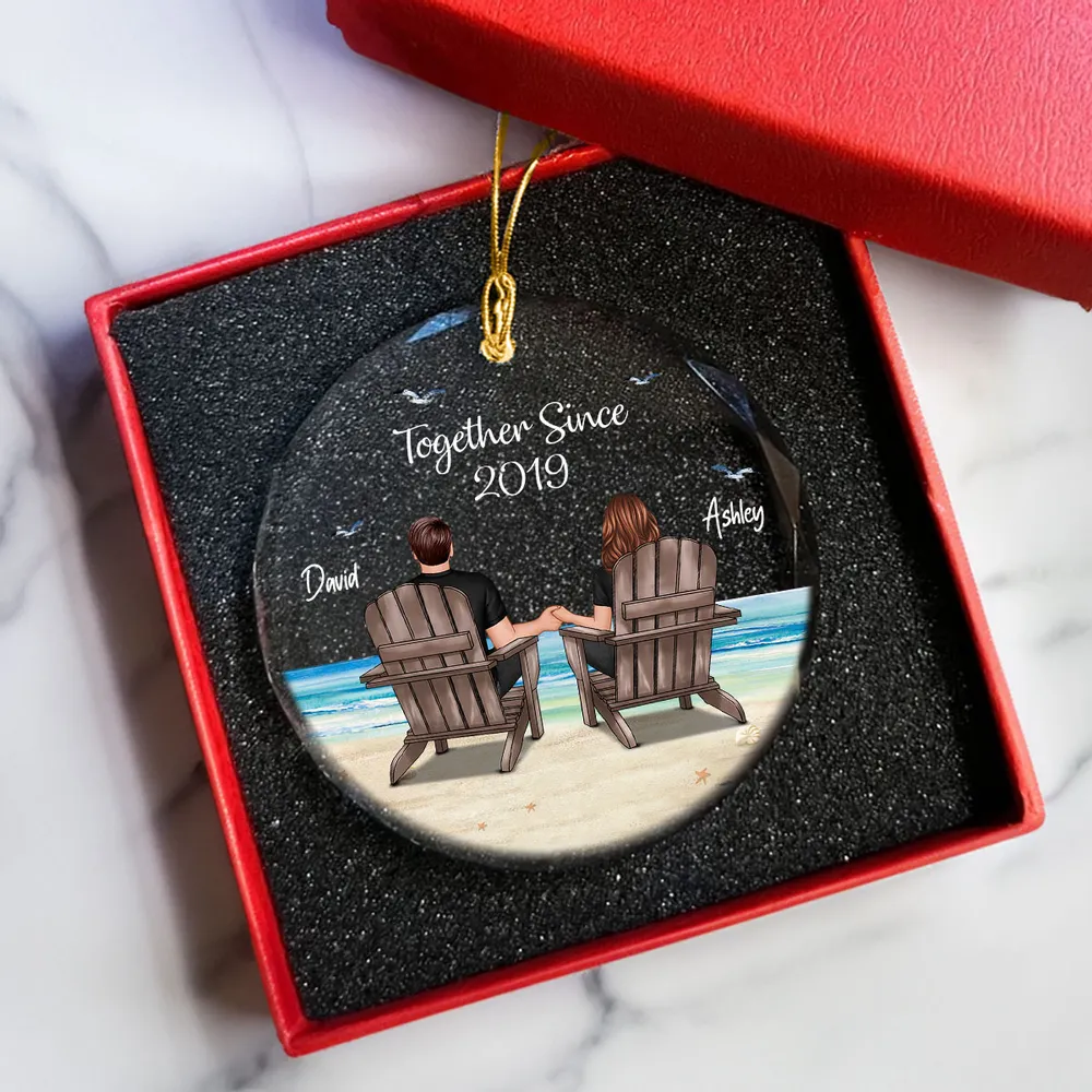 Crystal Ornament Personalized for Couples, Sitting Together at a Sunset Beach Scene, Romantic Keepsake Gift for Her - Image 8