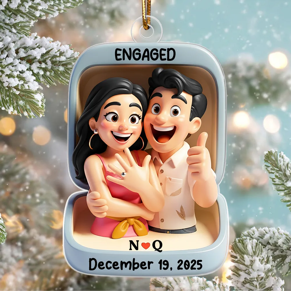 Acrylic Ornament With Engaged Couple Illustration Personalized Holiday Keepsake A Sweet Unique Gift For Couples - Image 5