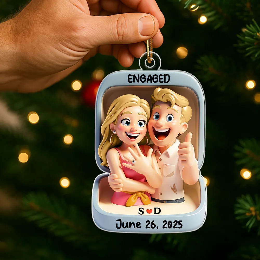 Acrylic Ornament With Engaged Couple Illustration Personalized Holiday Keepsake A Sweet Unique Gift For Couples - Image 7