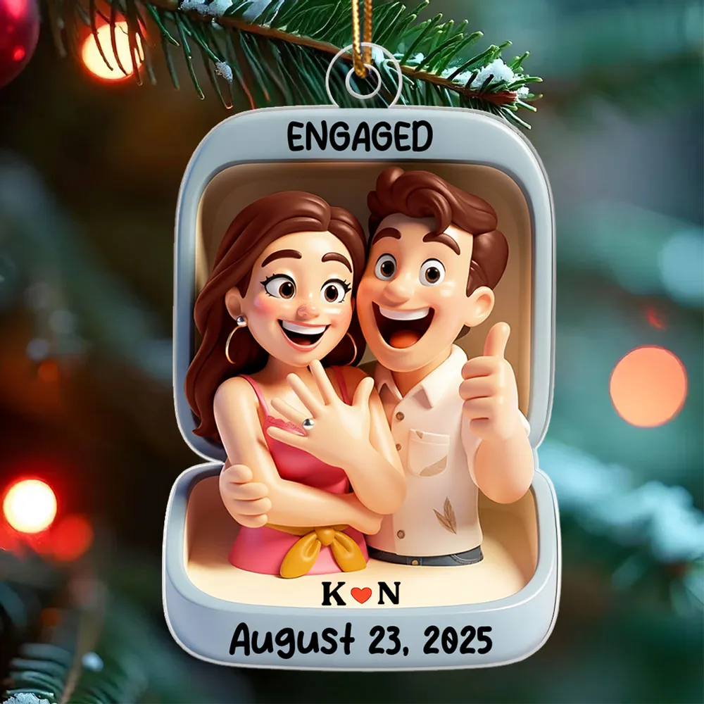 Acrylic Ornament With Engaged Couple Illustration Personalized Holiday Keepsake A Sweet Unique Gift For Couples - Image 8