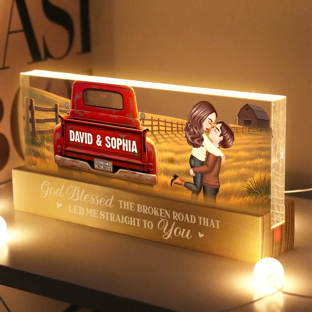 Personalized Block LED Light Plaque With Couple Kissing by a Red Truck, Rustic Sunset Scene, Unique Anniversary Gift - Image 2