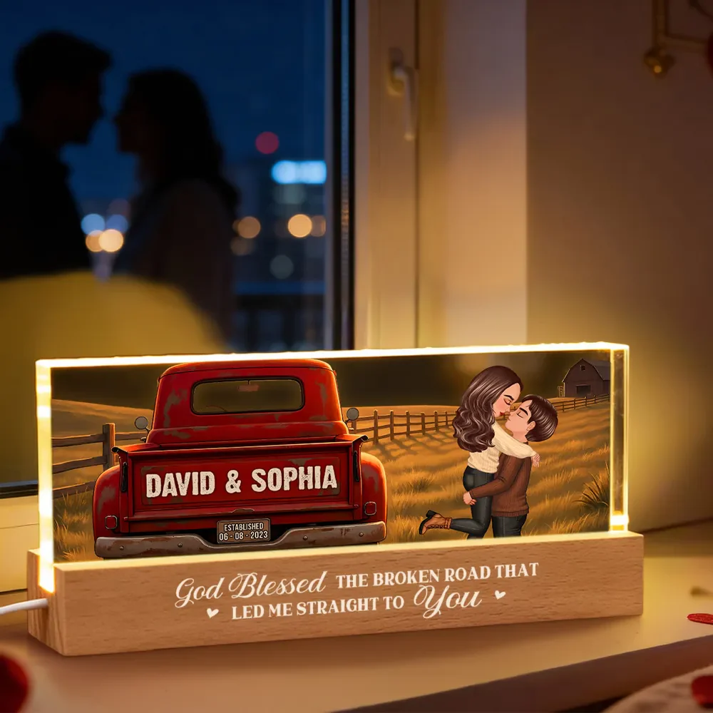 Personalized Block LED Light Plaque With Couple Kissing by a Red Truck, Rustic Sunset Scene, Unique Anniversary Gift - Image 5