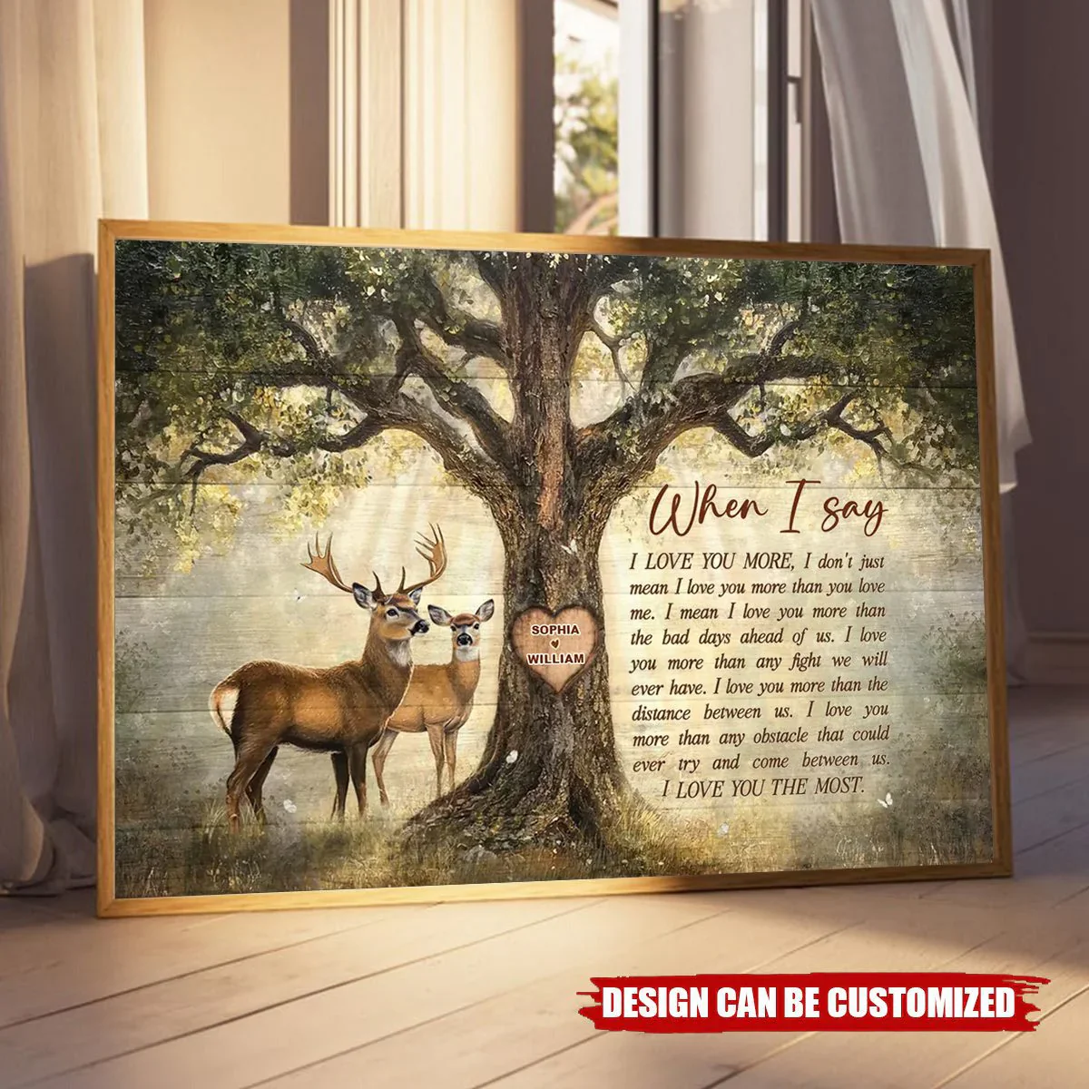 Custom I Love You More Quote Poster with Deer Couple Under Tree, Cozy Neutral Wall Decor, Unique Gift for Couple