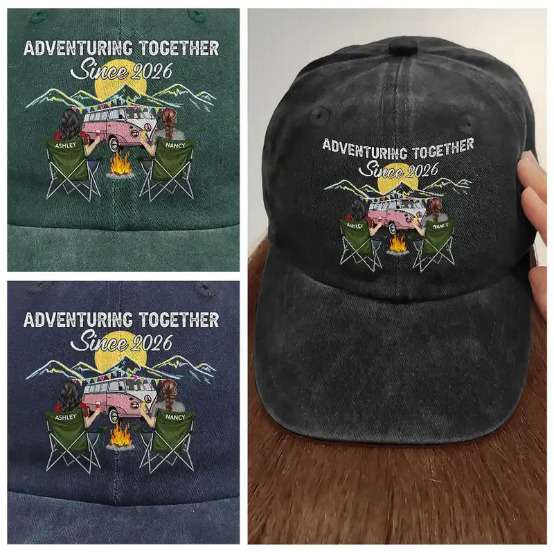 Personalized Washed Denim Baseball Cap Camping Partners For Life Outdoor Wear Vintage Look Unique Gift for Couple - Image 2