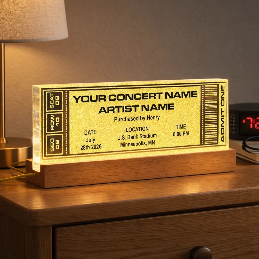 Custom Concert Ticket Block LED Light Plaque with Warm Glow, Romantic Keepsake Gift for Couples