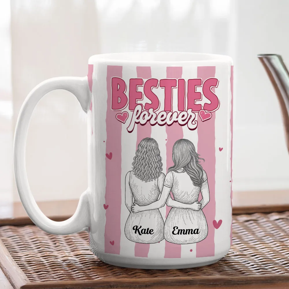 Besties Forever Ceramic Mug, Personalized Coffee Mug for Best Friend or Sister, Sweet Hug Illustration Unique Gift - Image 3