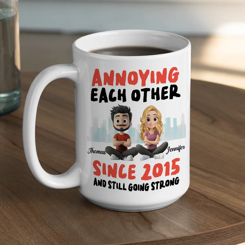 Annoying Each Other Personalized White Ceramic Mug Cute Couple Sitting Illustration Funny Daily Coffee Gift for Couples - Image 3