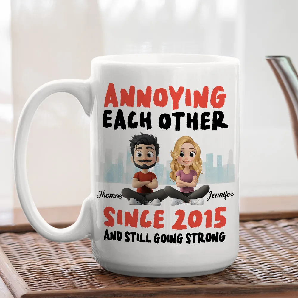 Annoying Each Other Personalized White Ceramic Mug Cute Couple Sitting Illustration Funny Daily Coffee Gift for Couples - Image 4