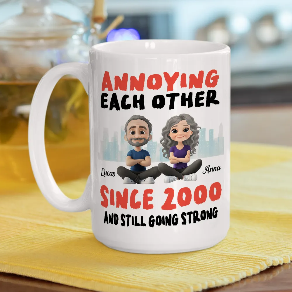 Annoying Each Other Personalized White Ceramic Mug Cute Couple Sitting Illustration Funny Daily Coffee Gift for Couples - Image 5