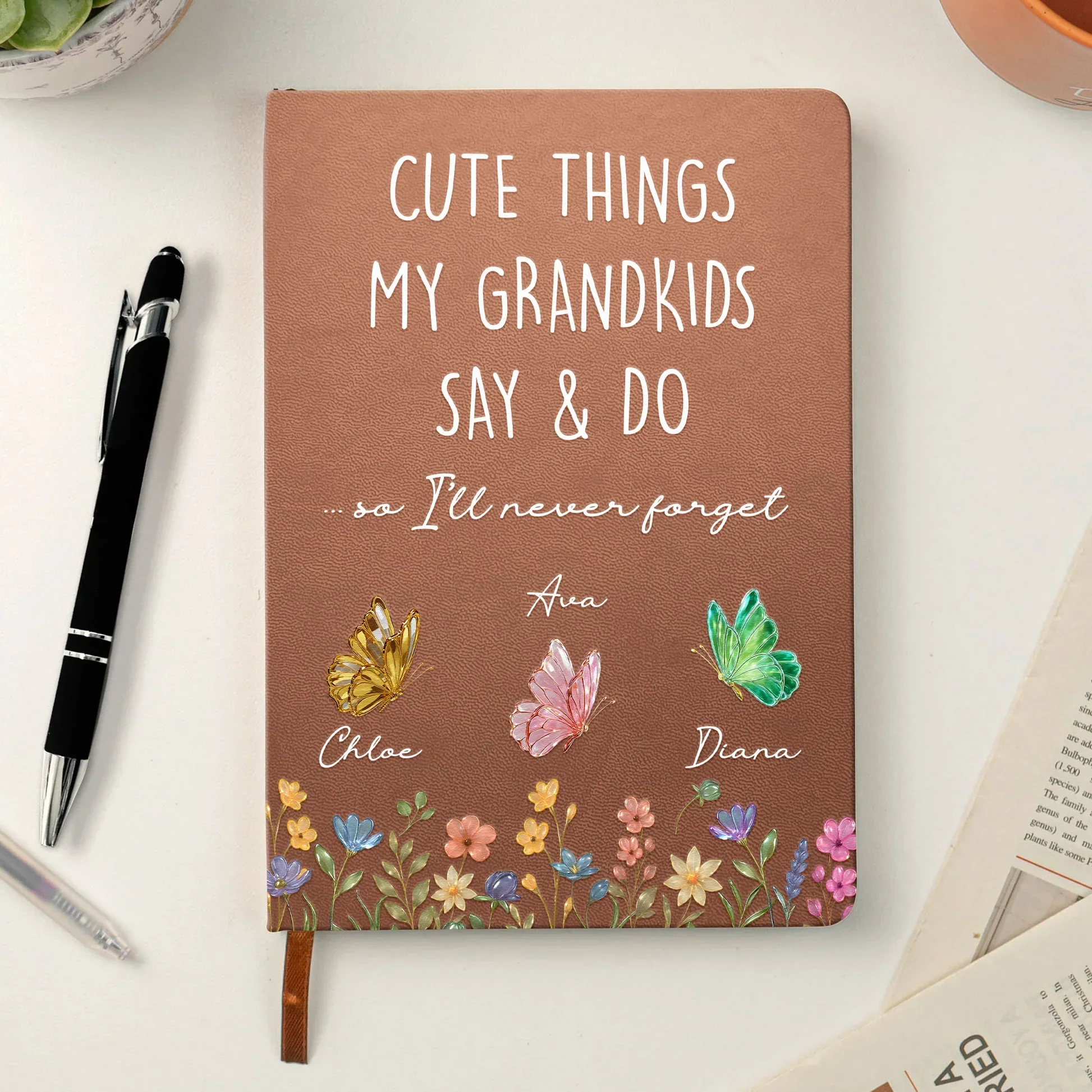 Personalized Leather Journal Cute Things My Grandkids Say & Do Butterfly Floral Design Unique Gift For Grandma
