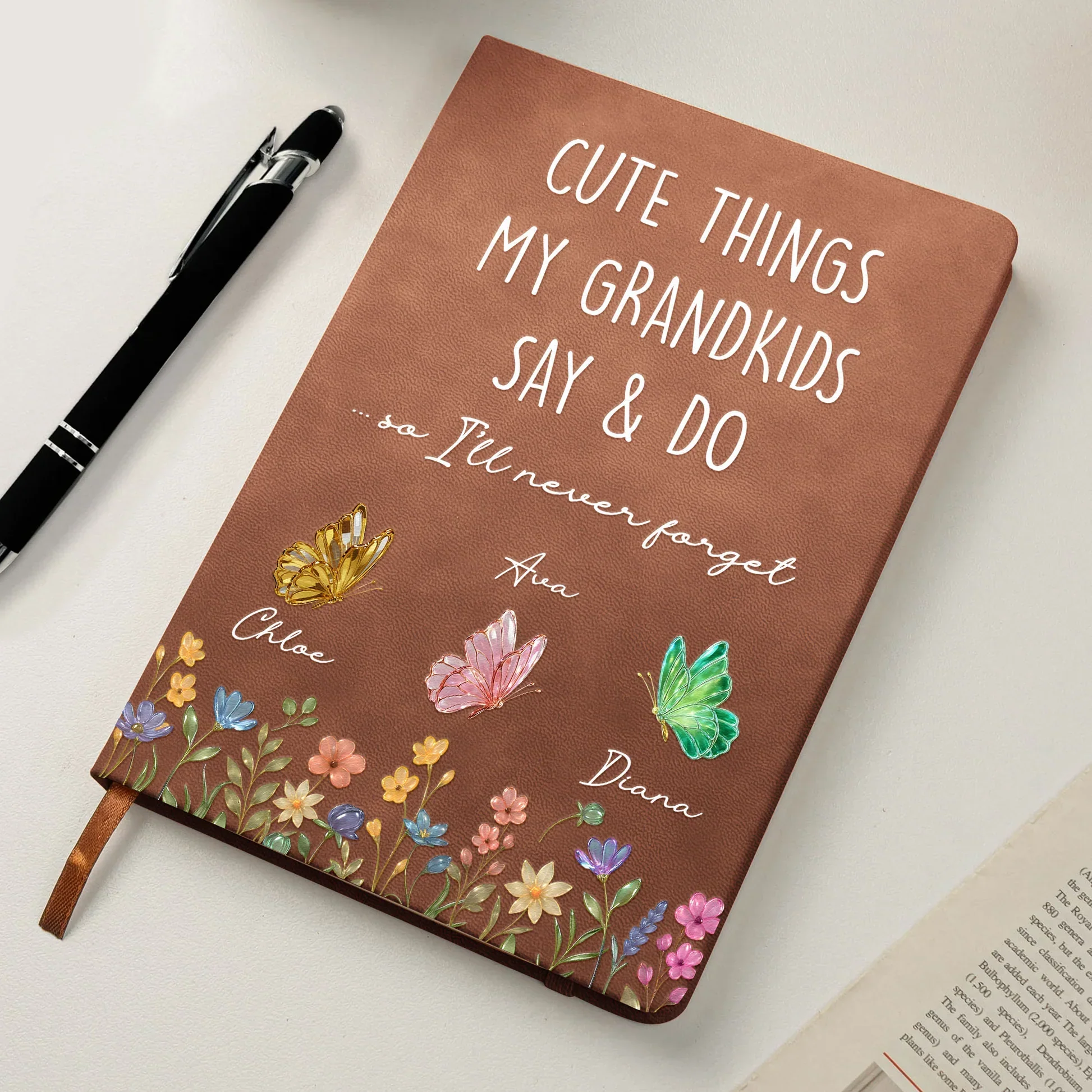 Personalized Leather Journal Cute Things My Grandkids Say & Do Butterfly Floral Design Unique Gift For Grandma - Image 4