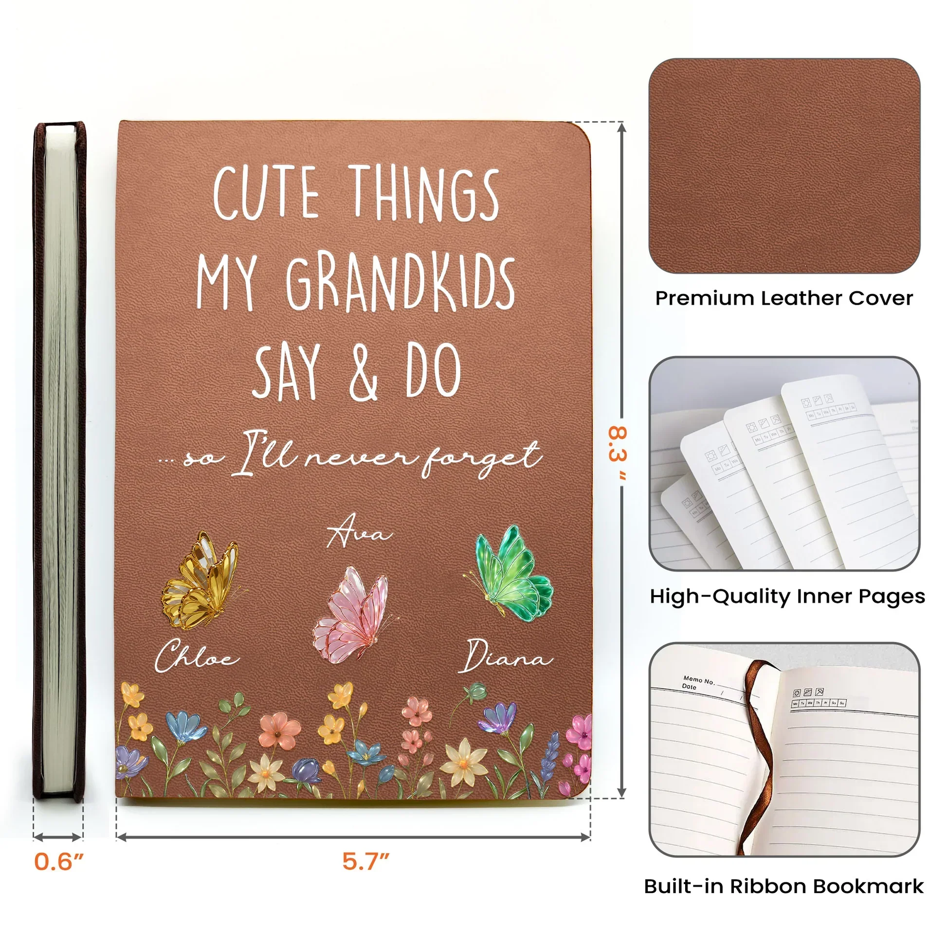 Personalized Leather Journal Cute Things My Grandkids Say & Do Butterfly Floral Design Unique Gift For Grandma - Image 5