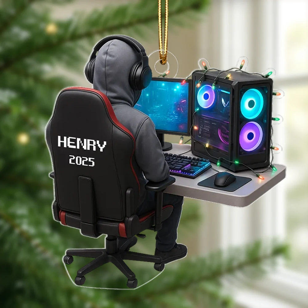 Personalized Gamer Acrylic Ornament, Hoodie & Headset Desk Setup with RGB PC Lights, Unique Gift for Gamers