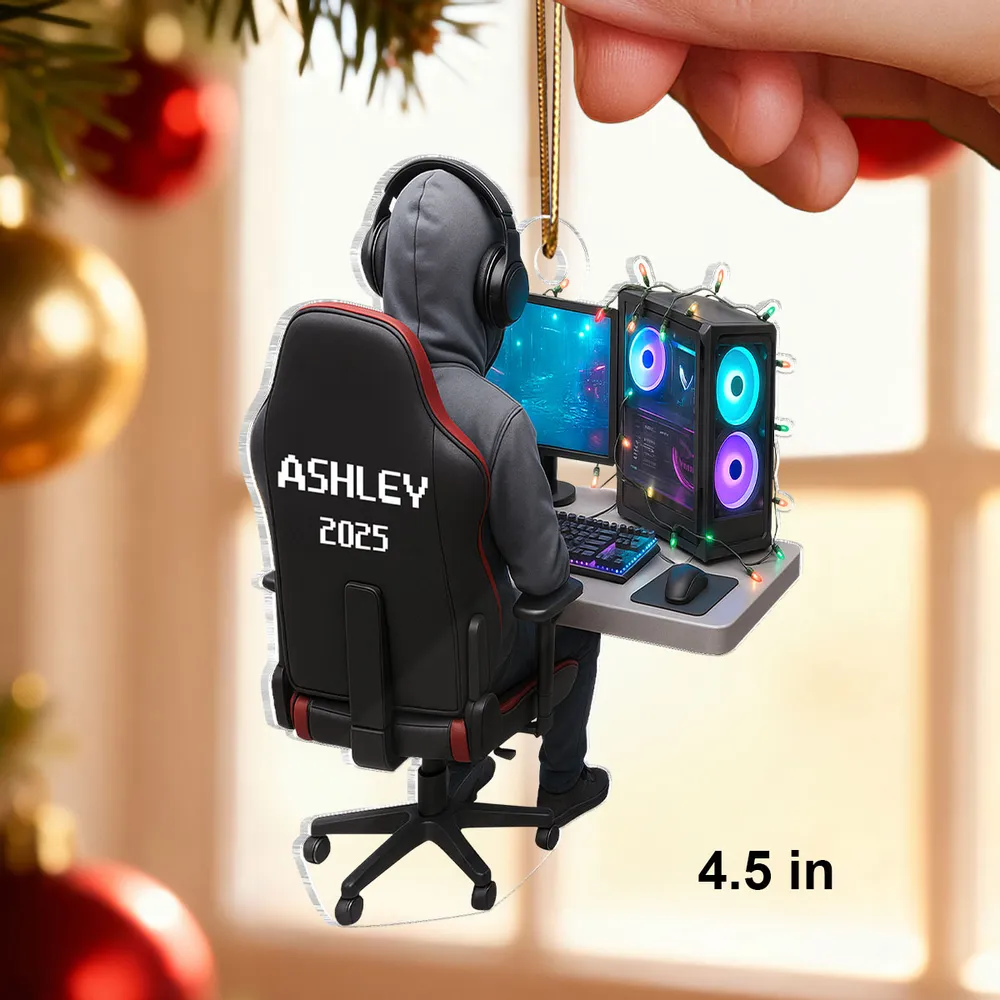 Personalized Gamer Acrylic Ornament, Hoodie & Headset Desk Setup with RGB PC Lights, Unique Gift for Gamers - Image 2