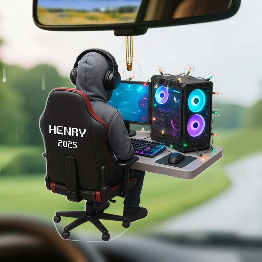 Personalized Gamer Acrylic Ornament, Hoodie & Headset Desk Setup with RGB PC Lights, Unique Gift for Gamers - Image 3