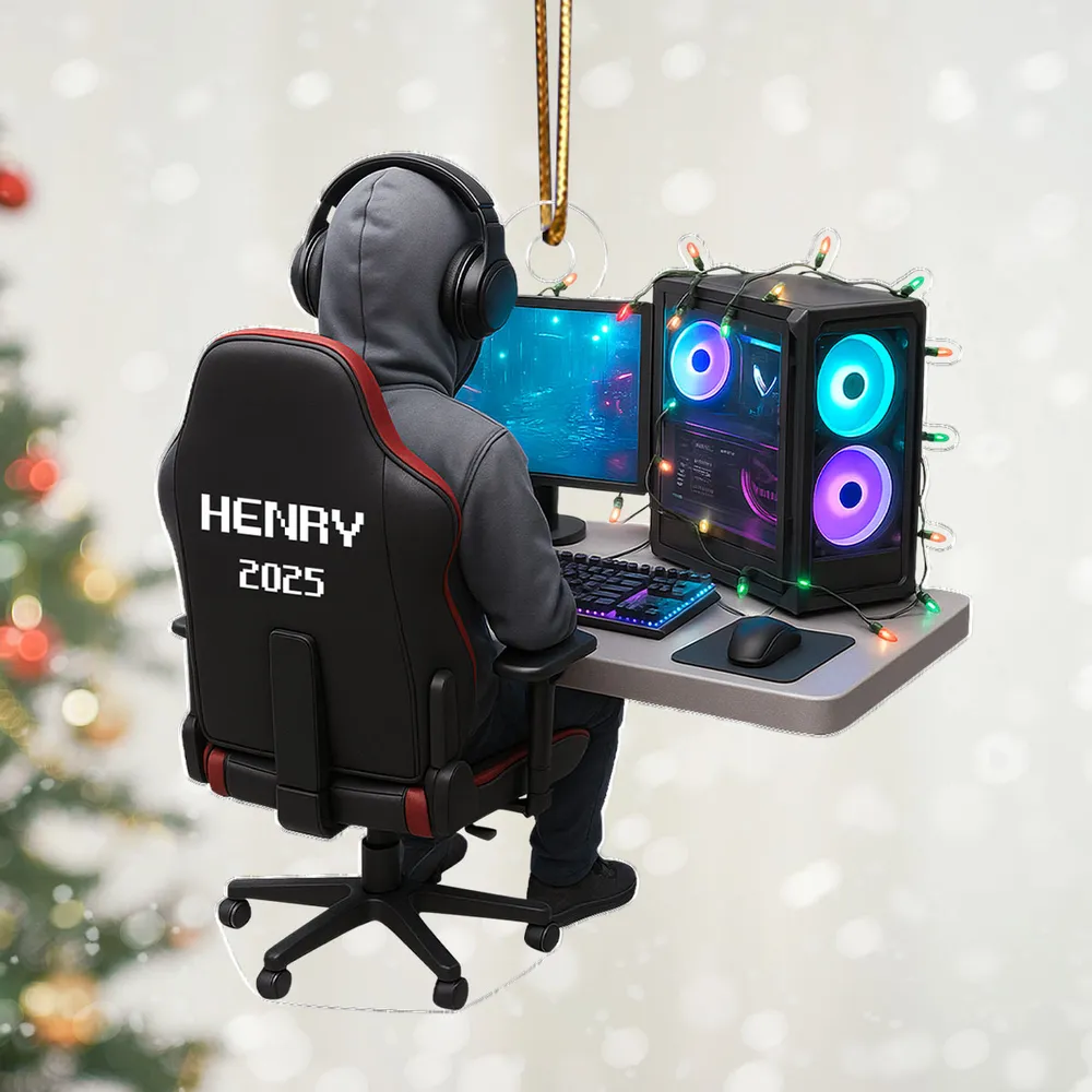 Personalized Gamer Acrylic Ornament, Hoodie & Headset Desk Setup with RGB PC Lights, Unique Gift for Gamers - Image 4
