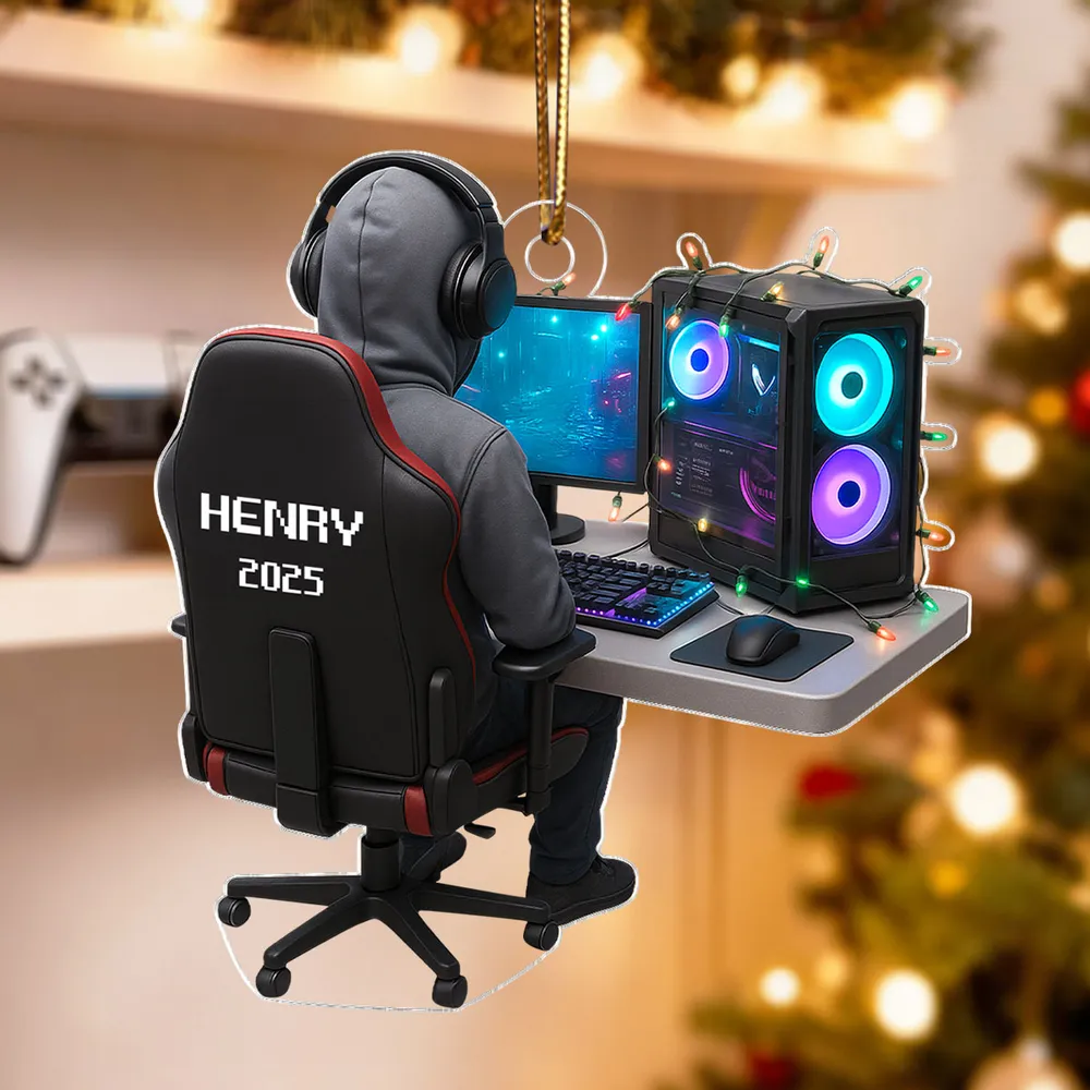 Personalized Gamer Acrylic Ornament, Hoodie & Headset Desk Setup with RGB PC Lights, Unique Gift for Gamers - Image 5