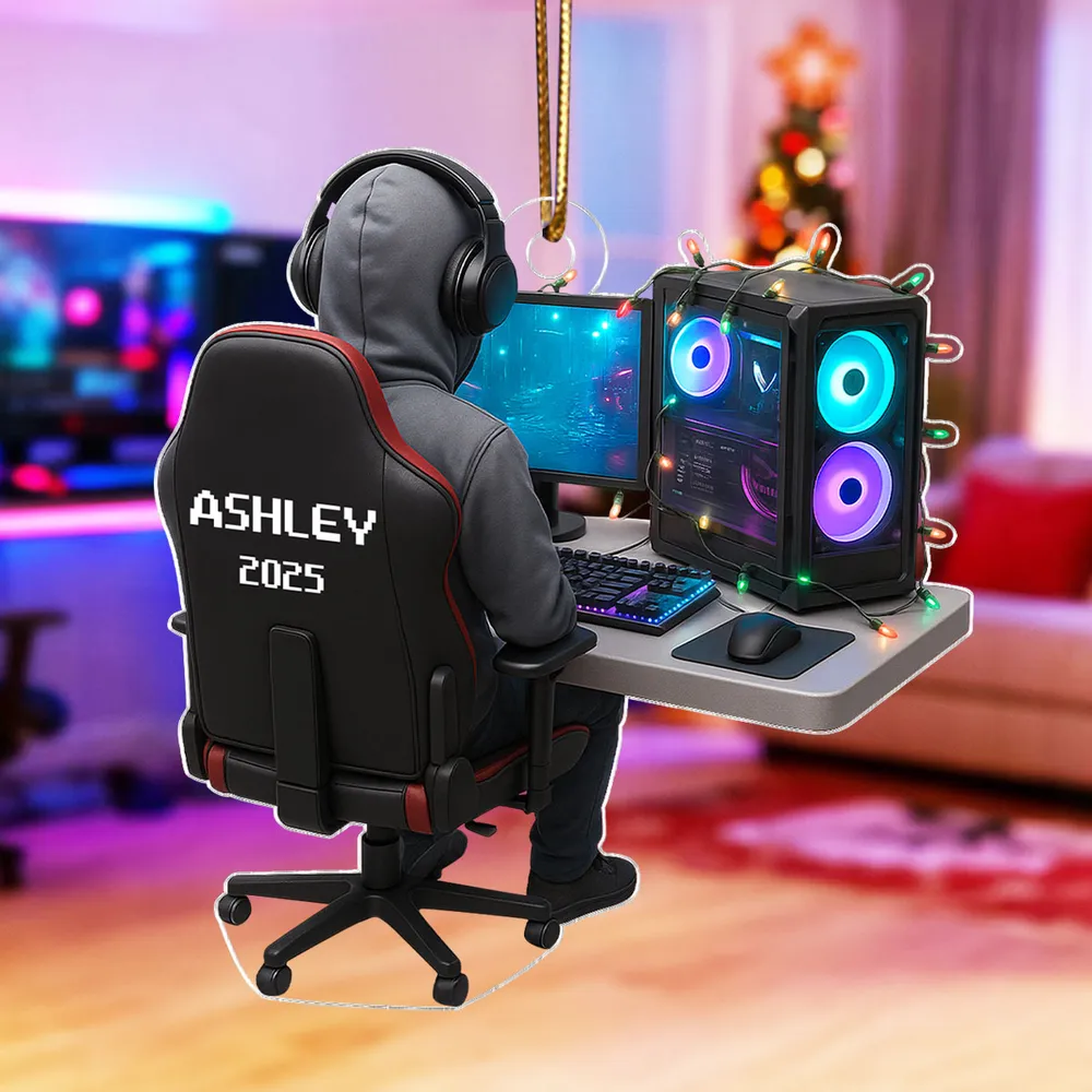 Personalized Gamer Acrylic Ornament, Hoodie & Headset Desk Setup with RGB PC Lights, Unique Gift for Gamers - Image 6