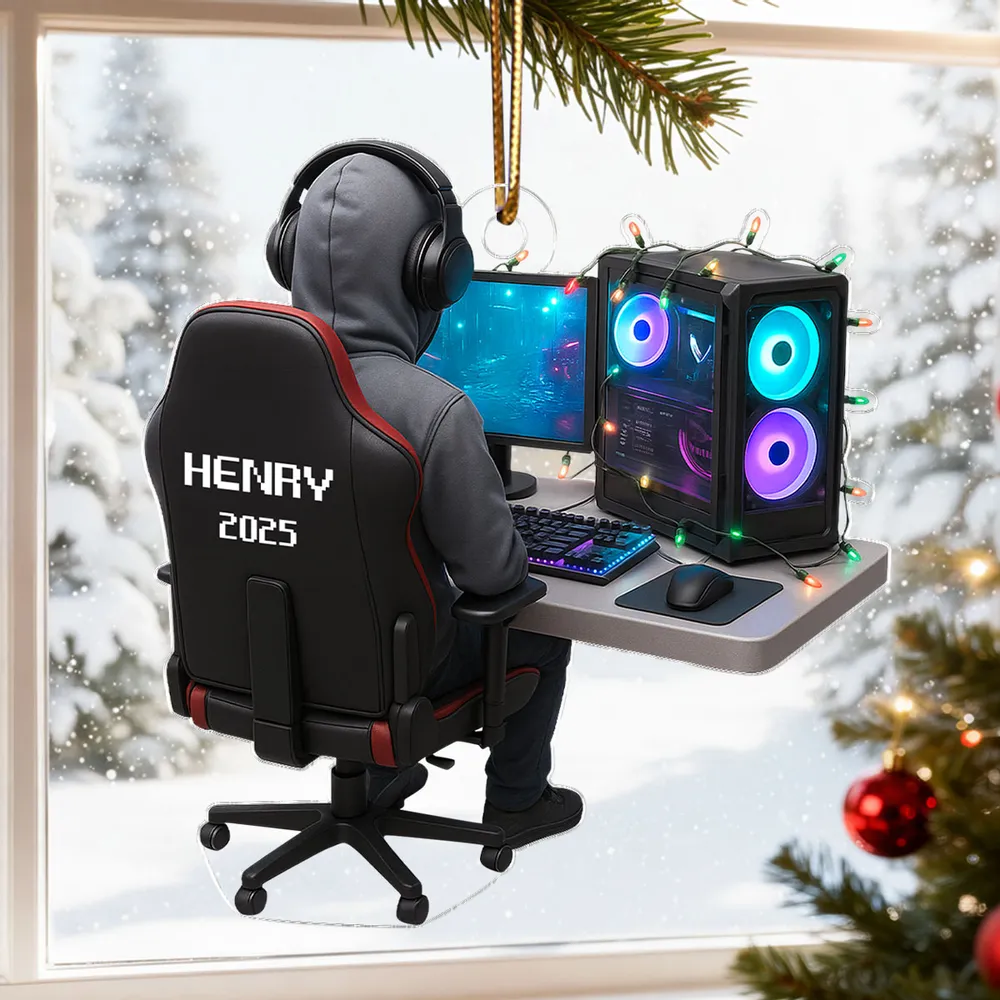 Personalized Gamer Acrylic Ornament, Hoodie & Headset Desk Setup with RGB PC Lights, Unique Gift for Gamers - Image 7