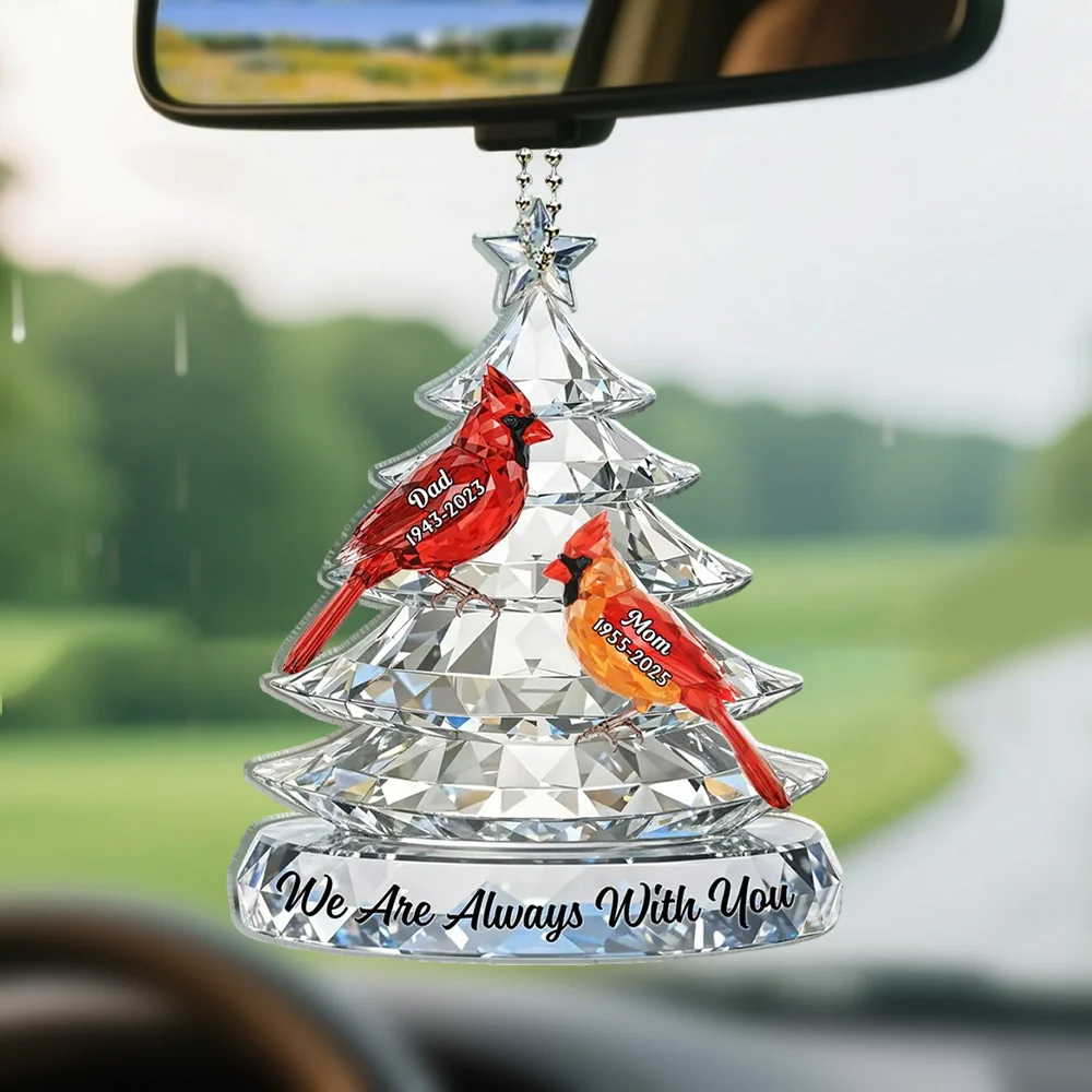 Personalized Memorial Acrylic Car Hanger, Cardinal Birds on Crystal Tree for Car Mirror, Unique Sympathy Gift for Family