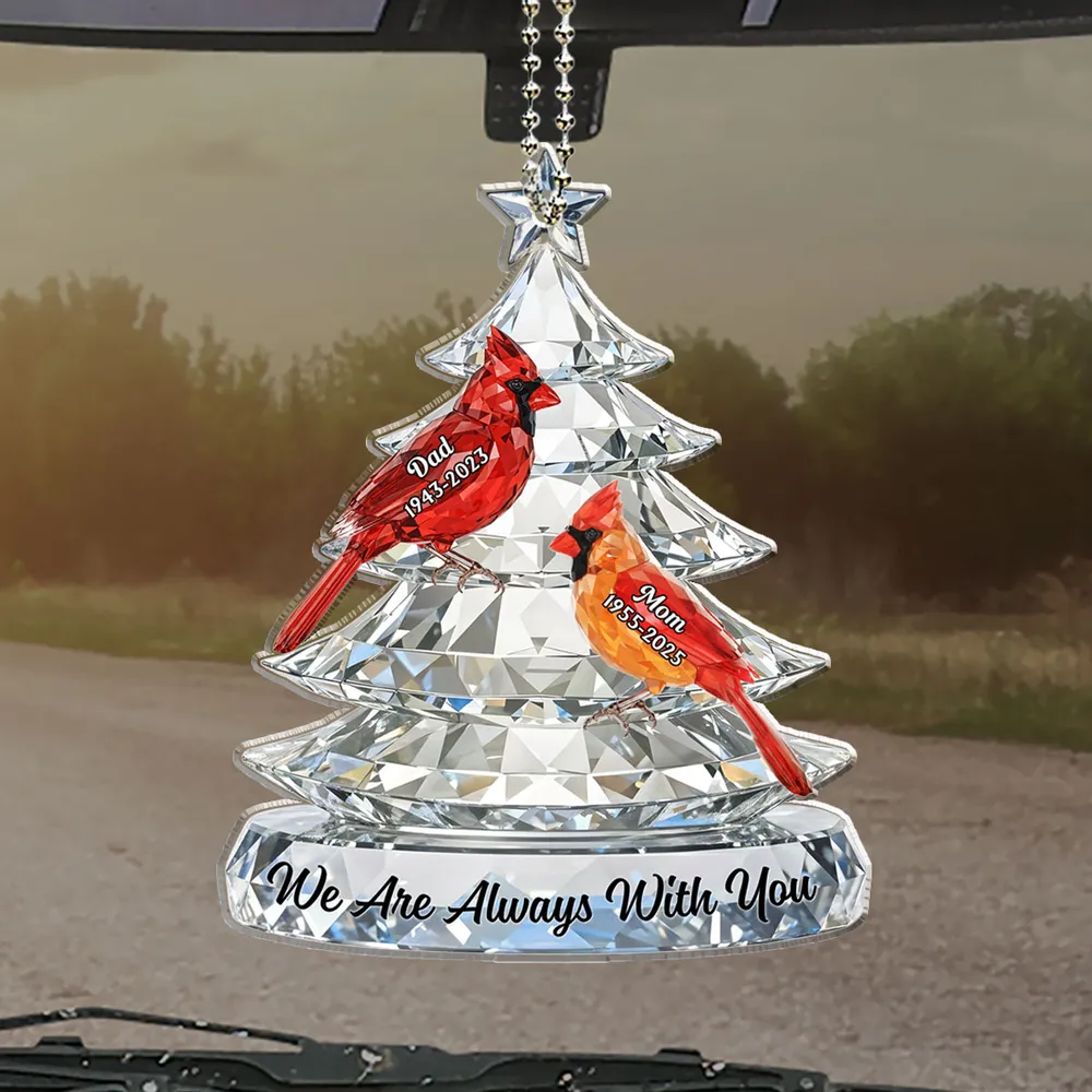Personalized Memorial Acrylic Car Hanger, Cardinal Birds on Crystal Tree for Car Mirror, Unique Sympathy Gift for Family - Image 2