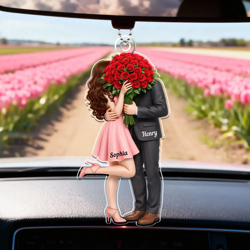 Personalized Acrylic Car Hanger Elegant Couple Hugging with Red Roses, Romantic Rearview Mirror Decor, Unique Gift for Couples - Image 3