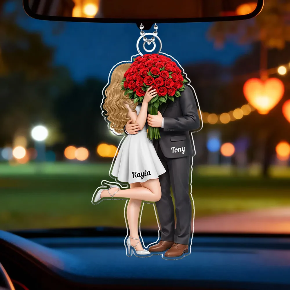 Personalized Acrylic Car Hanger Elegant Couple Hugging with Red Roses, Romantic Rearview Mirror Decor, Unique Gift for Couples - Image 6