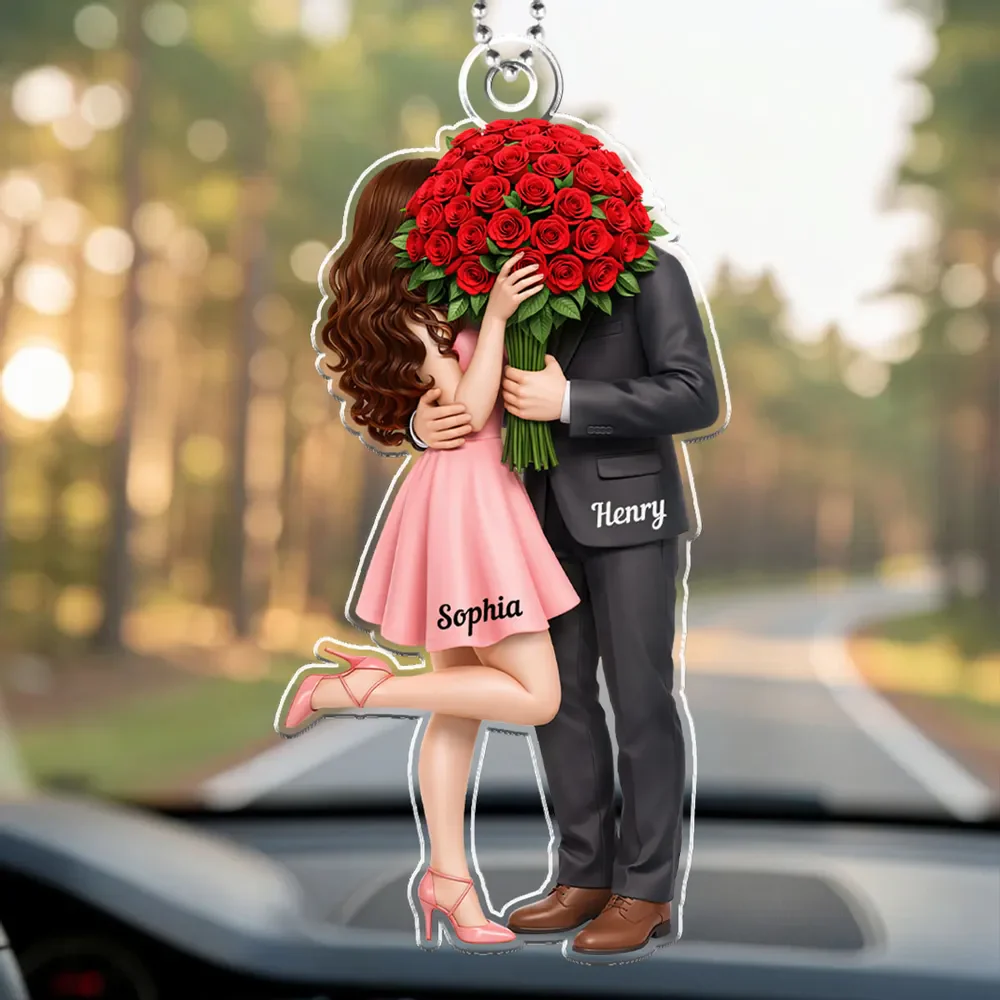 Personalized Acrylic Car Hanger Elegant Couple Hugging with Red Roses, Romantic Rearview Mirror Decor, Unique Gift for Couples - Image 8