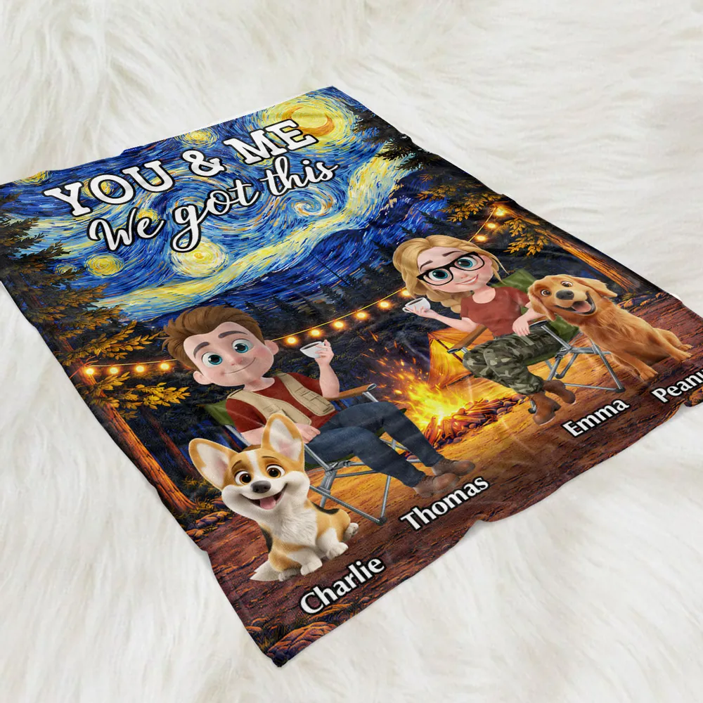 Personalized You & Me Camping Fleece Blanket, Cozy Campfire Couple & Dogs, Unique Gift for Couples - Image 2