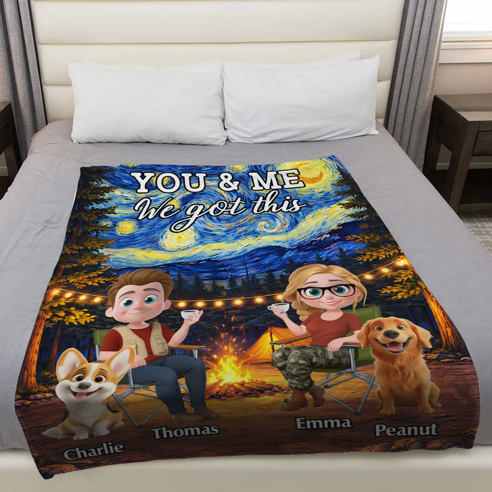 Personalized You & Me Camping Fleece Blanket, Cozy Campfire Couple & Dogs, Unique Gift for Couples - Image 3