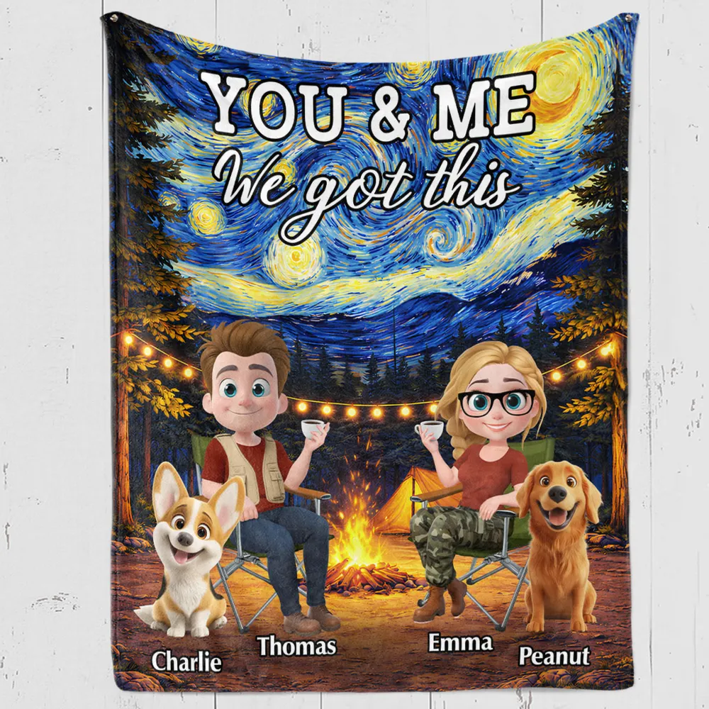 Personalized You & Me Camping Fleece Blanket, Cozy Campfire Couple & Dogs, Unique Gift for Couples - Image 4