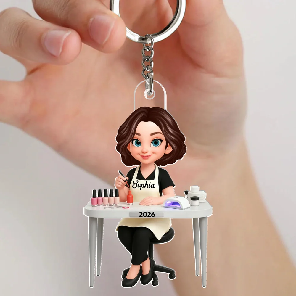 Personalized Nail Technician Acrylic Keychain, Cute Salon Desk Cartoon Charm, Unique Gift for Her