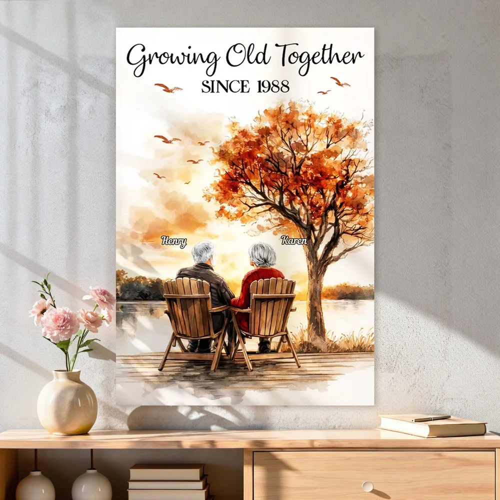 Personalized Growing Old Together Poster, Romantic Couple on Lake Dock at Sunset, Unique Anniversary Gift for Wife or Husband