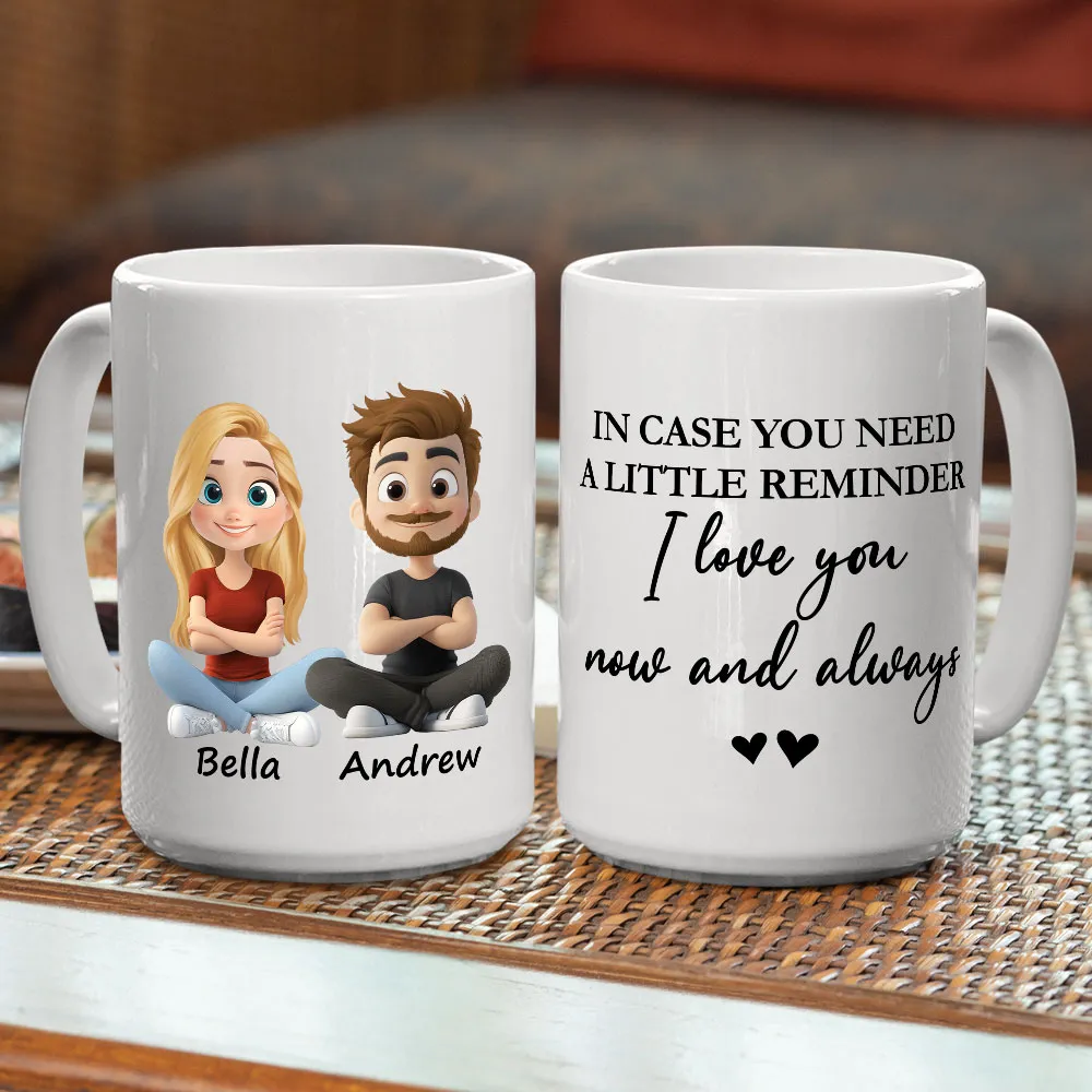 Personalized White Ceramic Mug With Cute Couple Cartoon and I love you now and always - Unique Gift for Girlfriend or Wife - Image 3