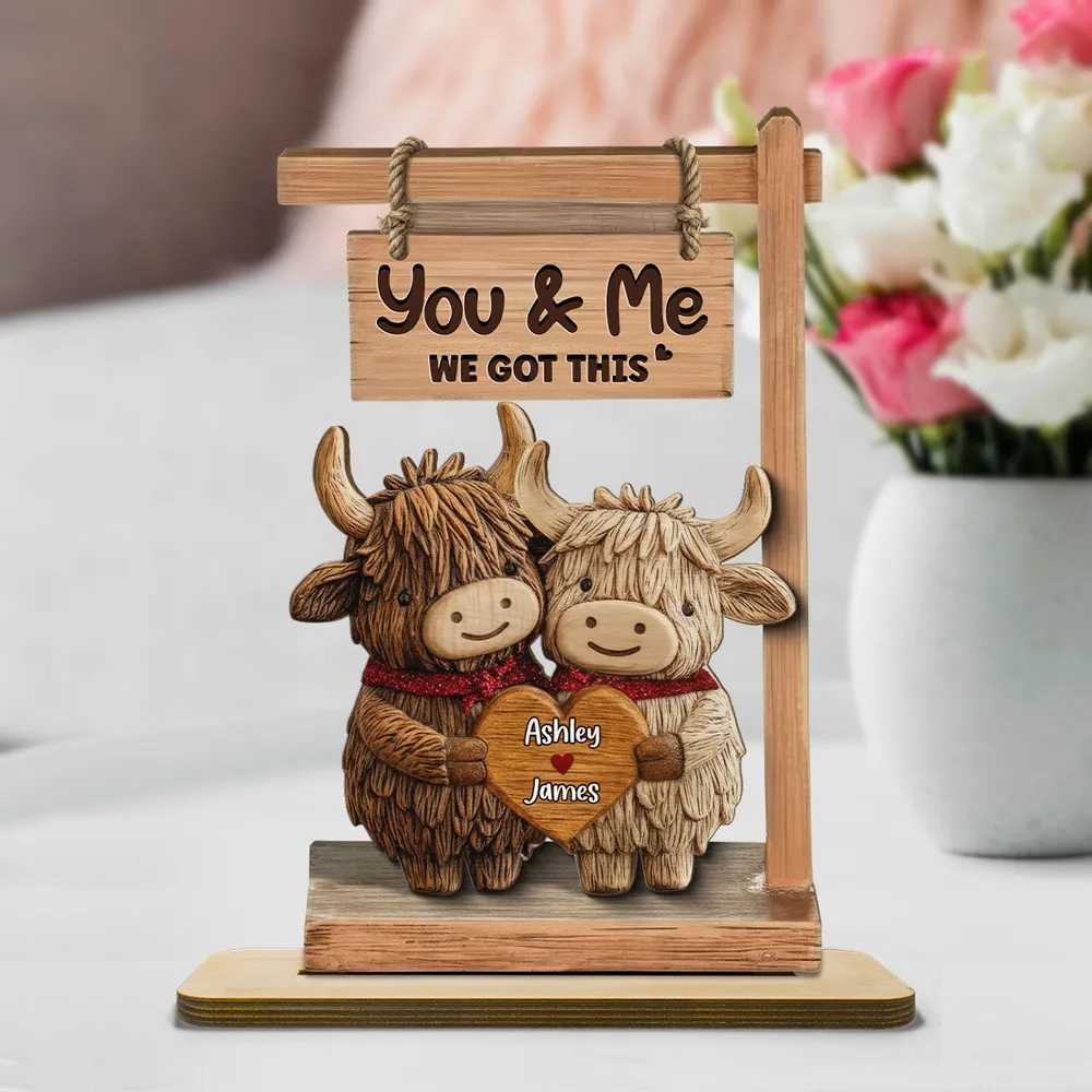 You & Me We Got This 2-Layer Wooden Plaque, Personalized Heart Name Sign with Adorable Cows, Unique Romantic Gift for Couples