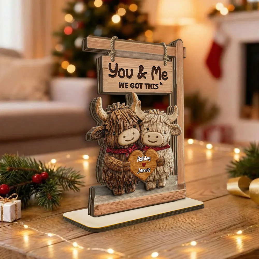 You & Me We Got This 2-Layer Wooden Plaque, Personalized Heart Name Sign with Adorable Cows, Unique Romantic Gift for Couples - Image 2
