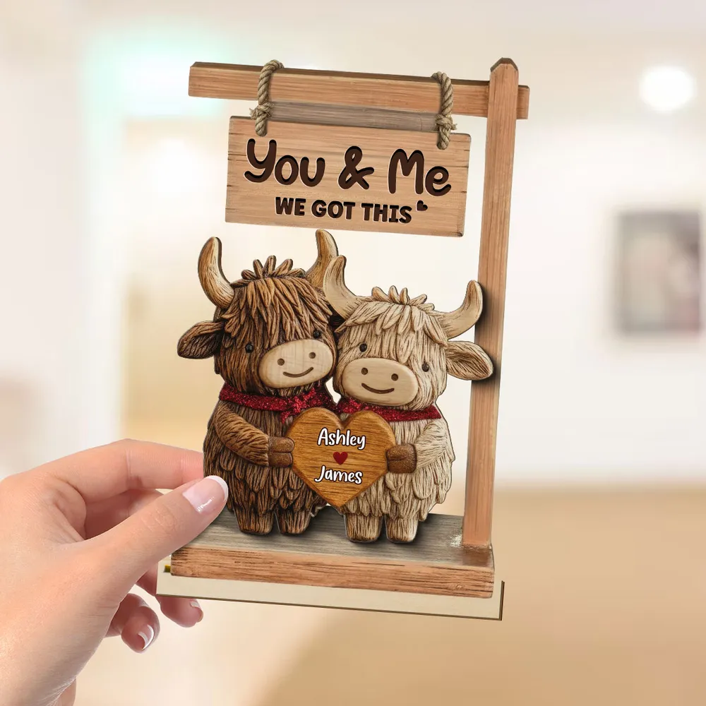 You & Me We Got This 2-Layer Wooden Plaque, Personalized Heart Name Sign with Adorable Cows, Unique Romantic Gift for Couples - Image 3