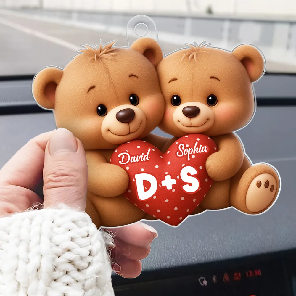 Personalized Bear Couple Acrylic Car Hanger Rearview Mirror Decor, Cute Heart Design, Unique Gift for Couples - Image 4