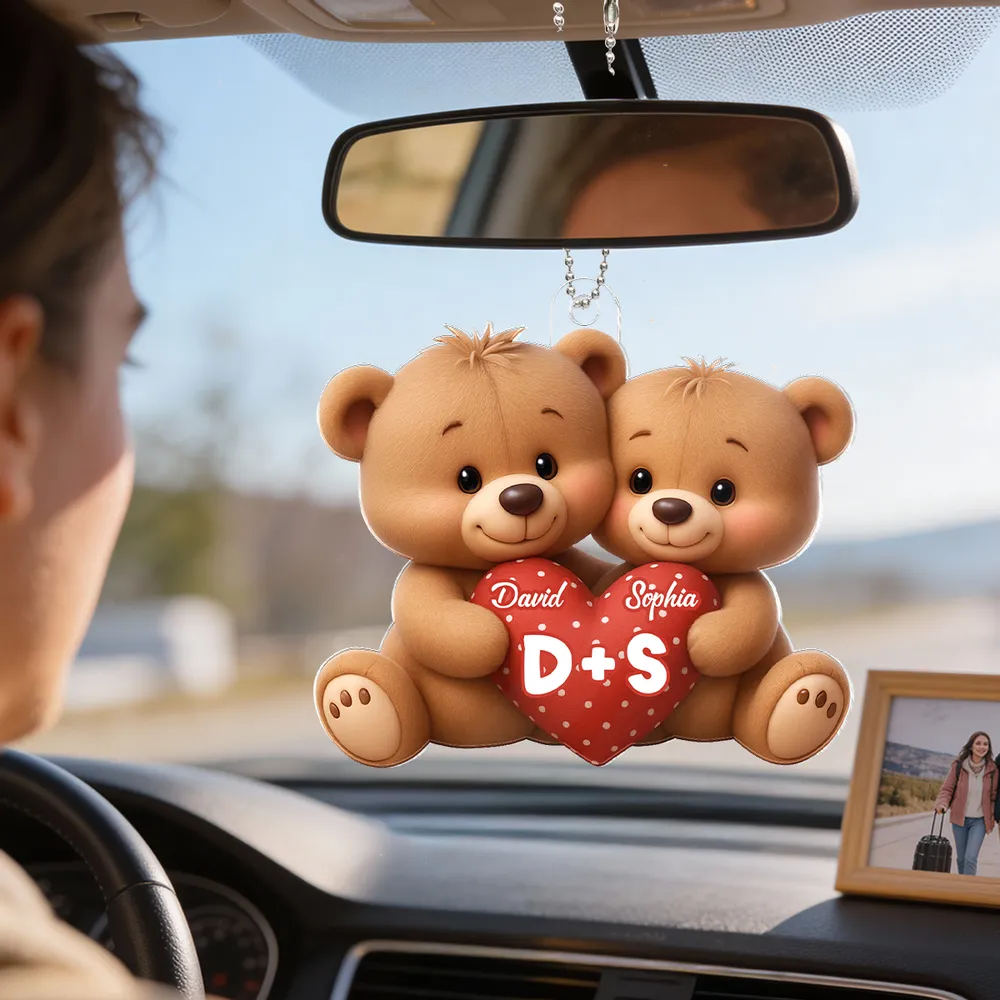Personalized Bear Couple Acrylic Car Hanger Rearview Mirror Decor, Cute Heart Design, Unique Gift for Couples - Image 5