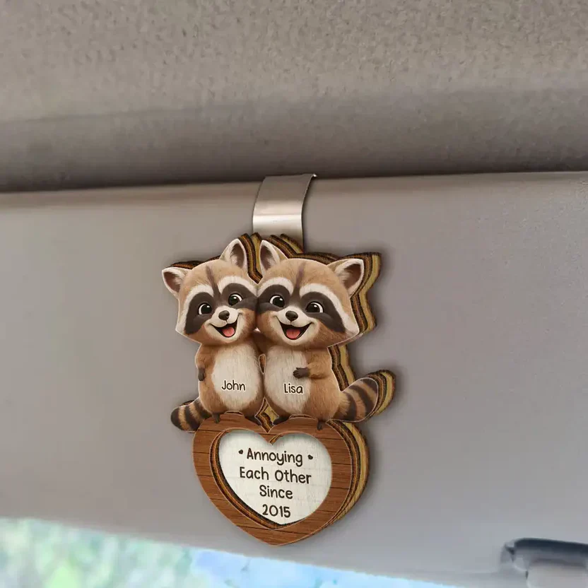 Personalized 2-Layer Wooden Car Visor Clip Cute Raccoon Couple Hugging, Funny You're Weird I'll Keep You, Unique Gift - Image 2